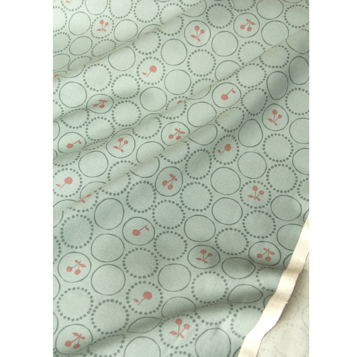 Oxford Cotton Fabric Kokka Cherry Circle Sage Green by the Yard