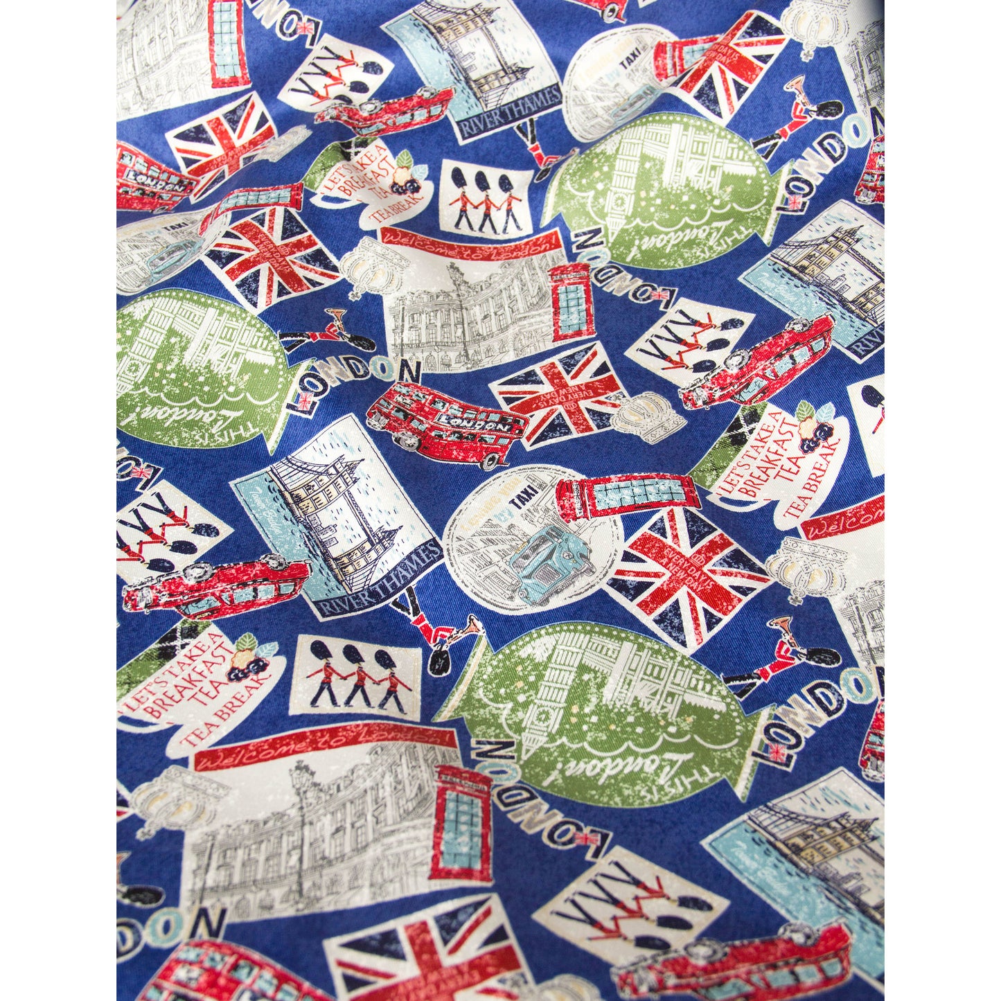 Vintage London Icon Print Oxford Cotton Fabric Blue by the Yard