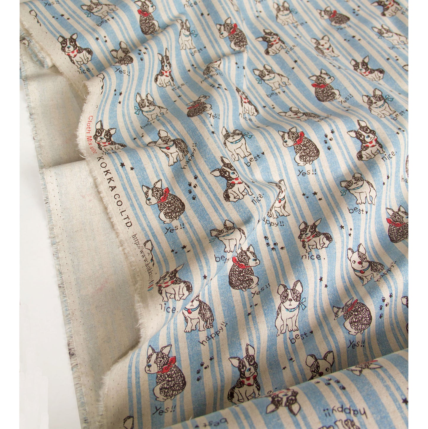 Cotton Linen Blend Canvas Fabric Stripe French Bulldog Blue by the Yard