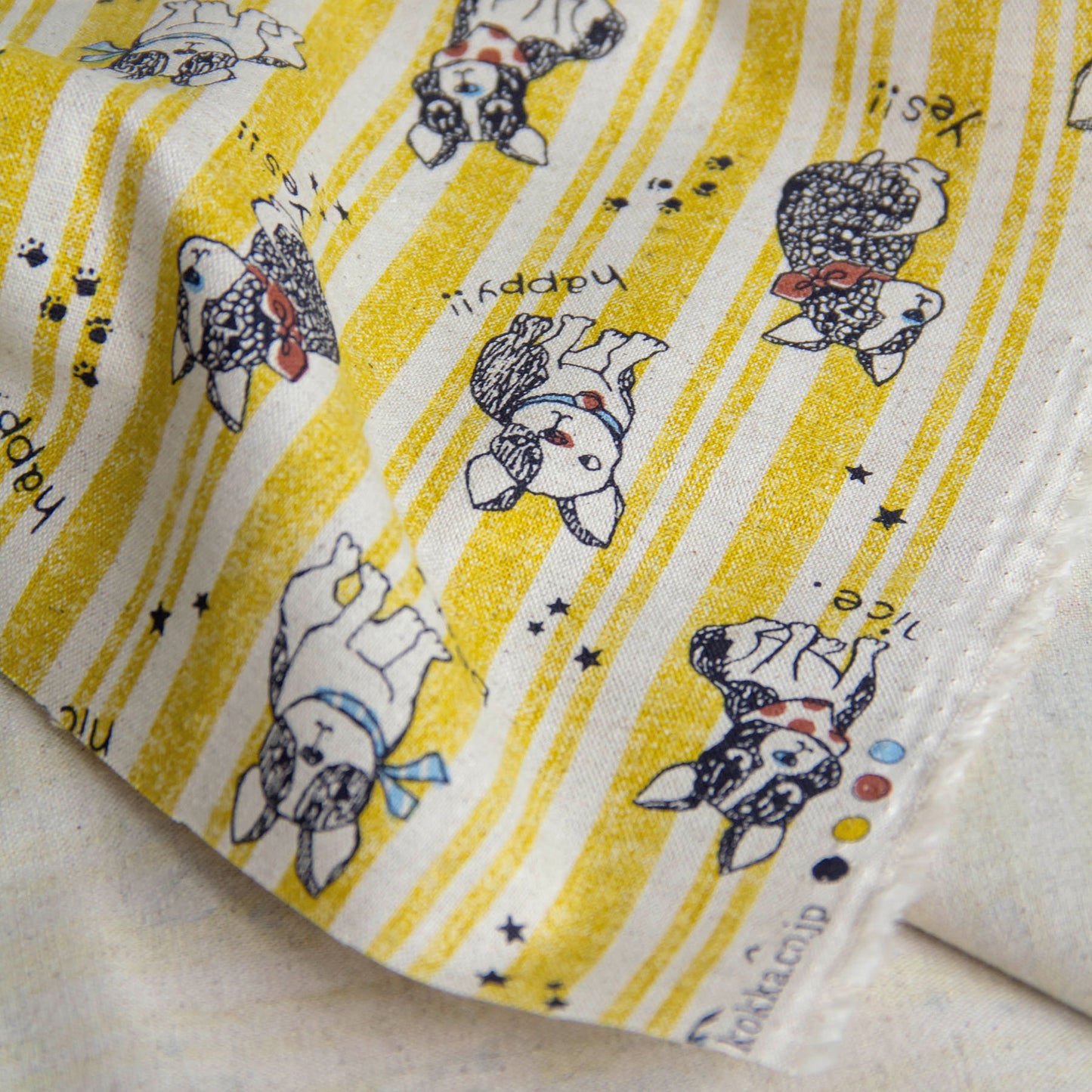 Cotton Linen Blend Canvas Fabric Stripe French Bulldog Yellow by the Yard
