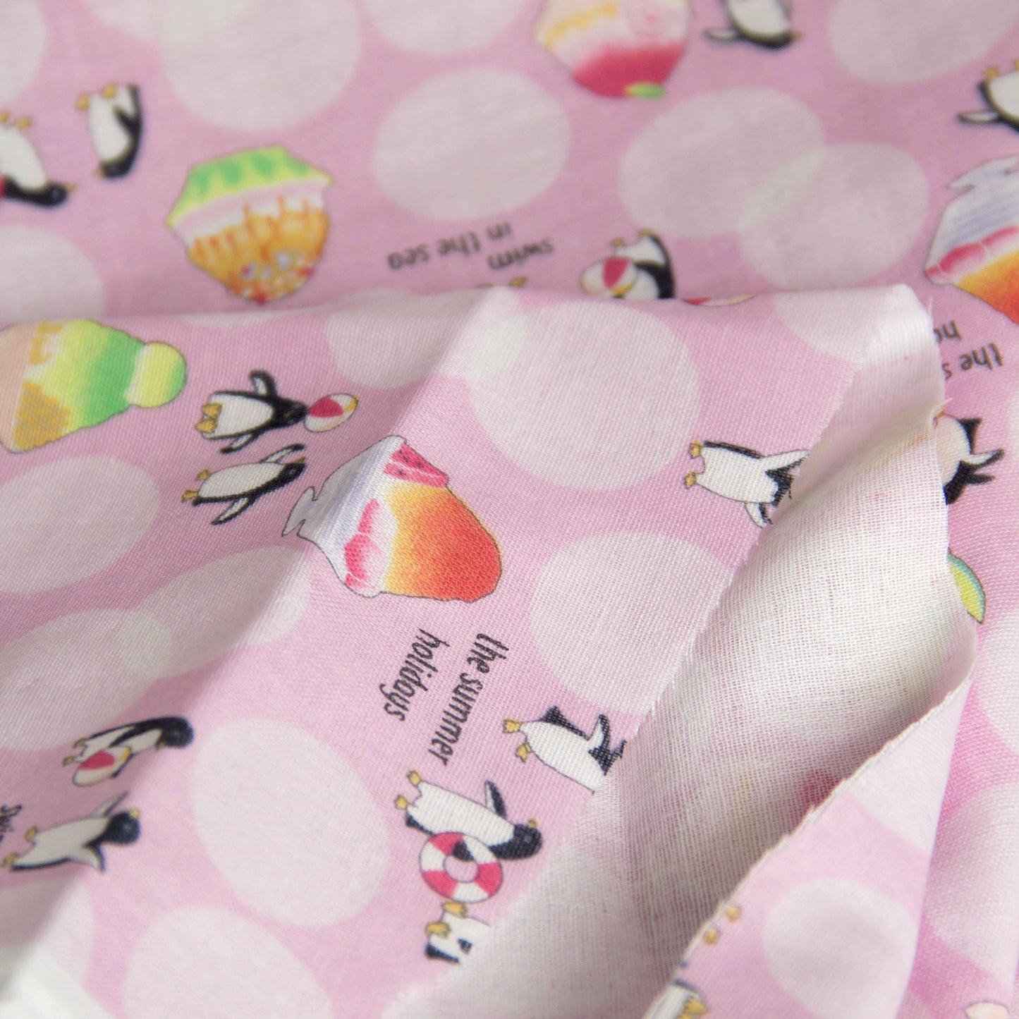 Cotton Double Gauze Fabric Cute Penguin Polka Dot Pink by the Yard