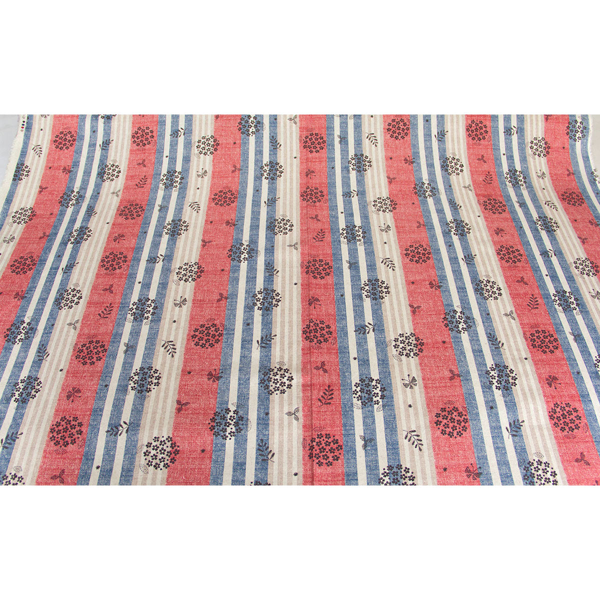 Cotton Linen Blend Canvas Fabric Vintage Stripe Floral Red by the Yard