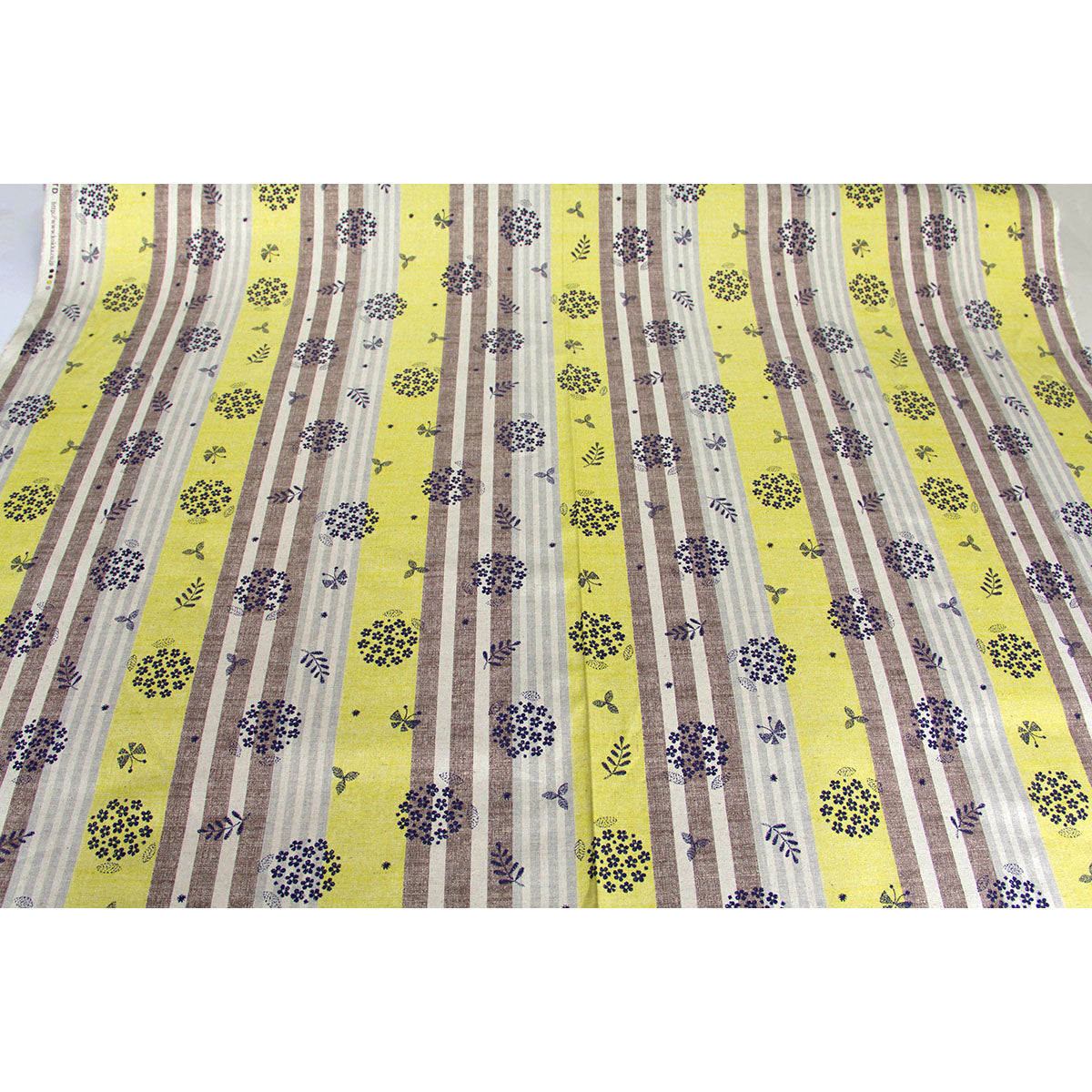 Cotton Linen Blend Canvas Fabric Vintage Stripe Floral Yellow by the Yard