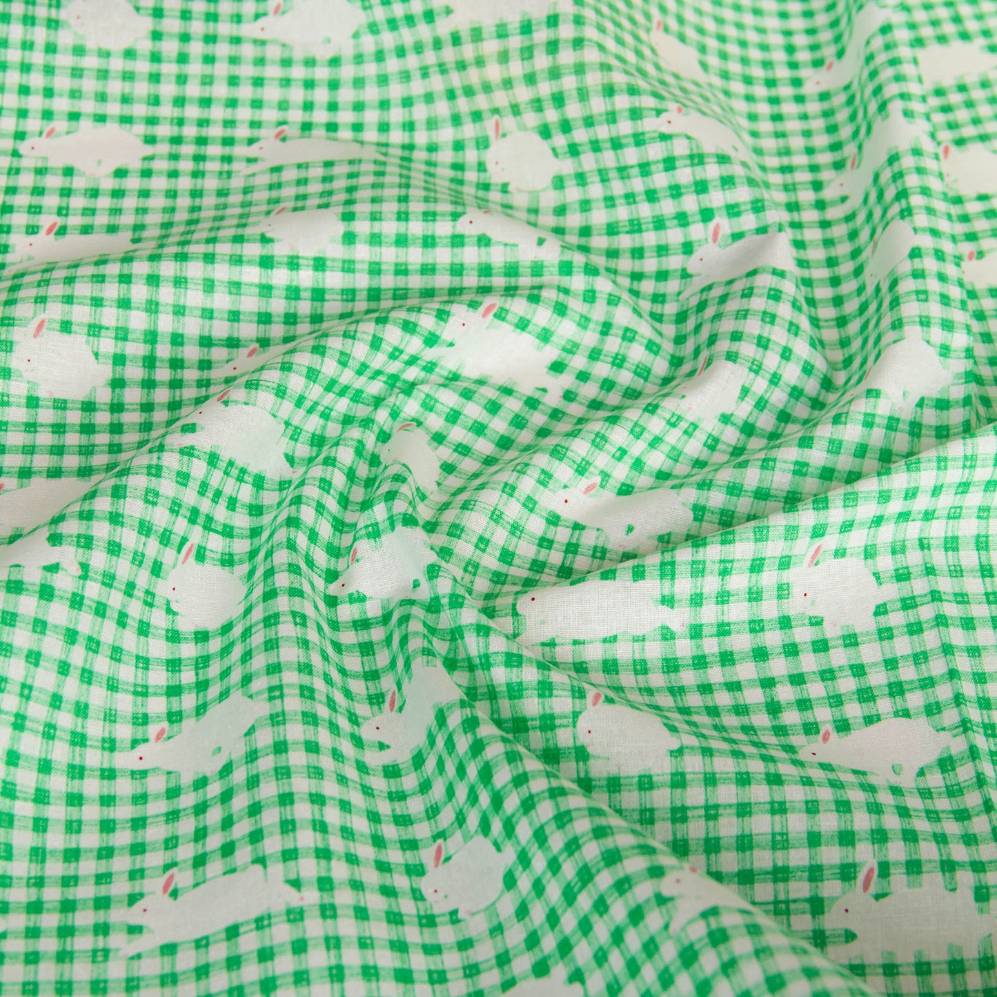 Lightweight Cotton Linen Fabric Gingham Check Bunny Print Green by the Yard