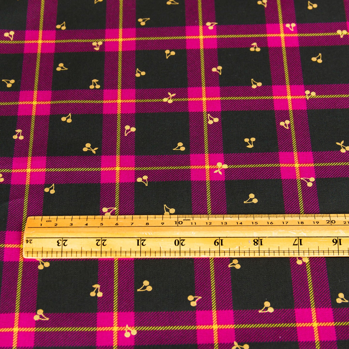 Oxford Cotton Plaid Fabric with Gold Foil Cherry Print Check by the Yard