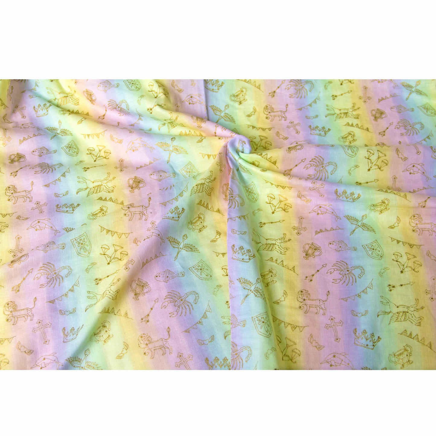 Soft Pastel Rainbow Cotton Double Gauze Fabric with Gold Foil Zodiac Constellation Print by the Yard