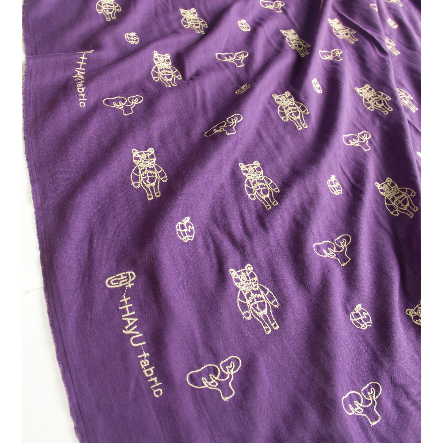 Japanese+HAyU Double Gauze Cotton Fabric Bear Embroidery Purple by the Yard
