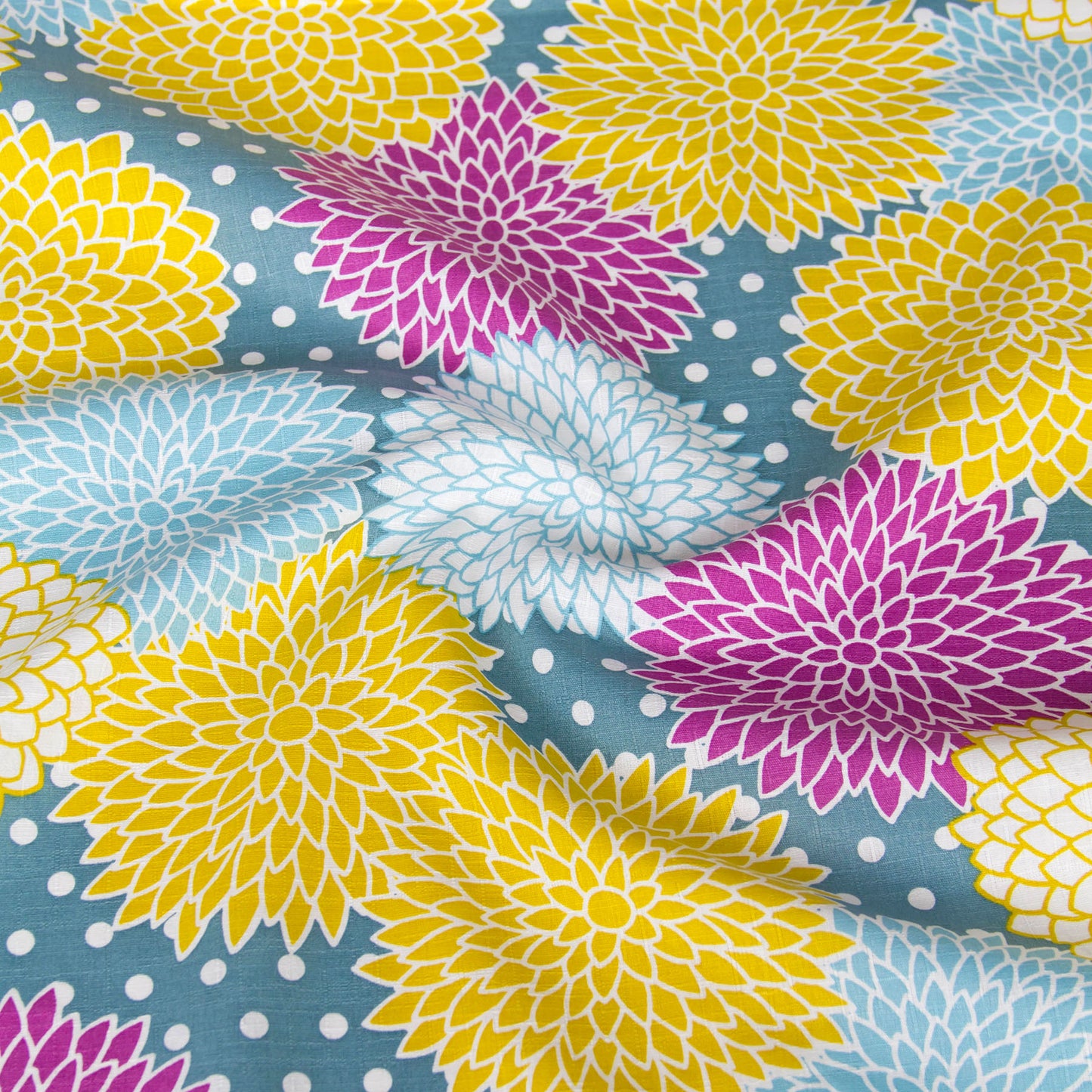 Vibrant Dahlia Flower Print Dobby Cotton Fabric Teal by the Yard