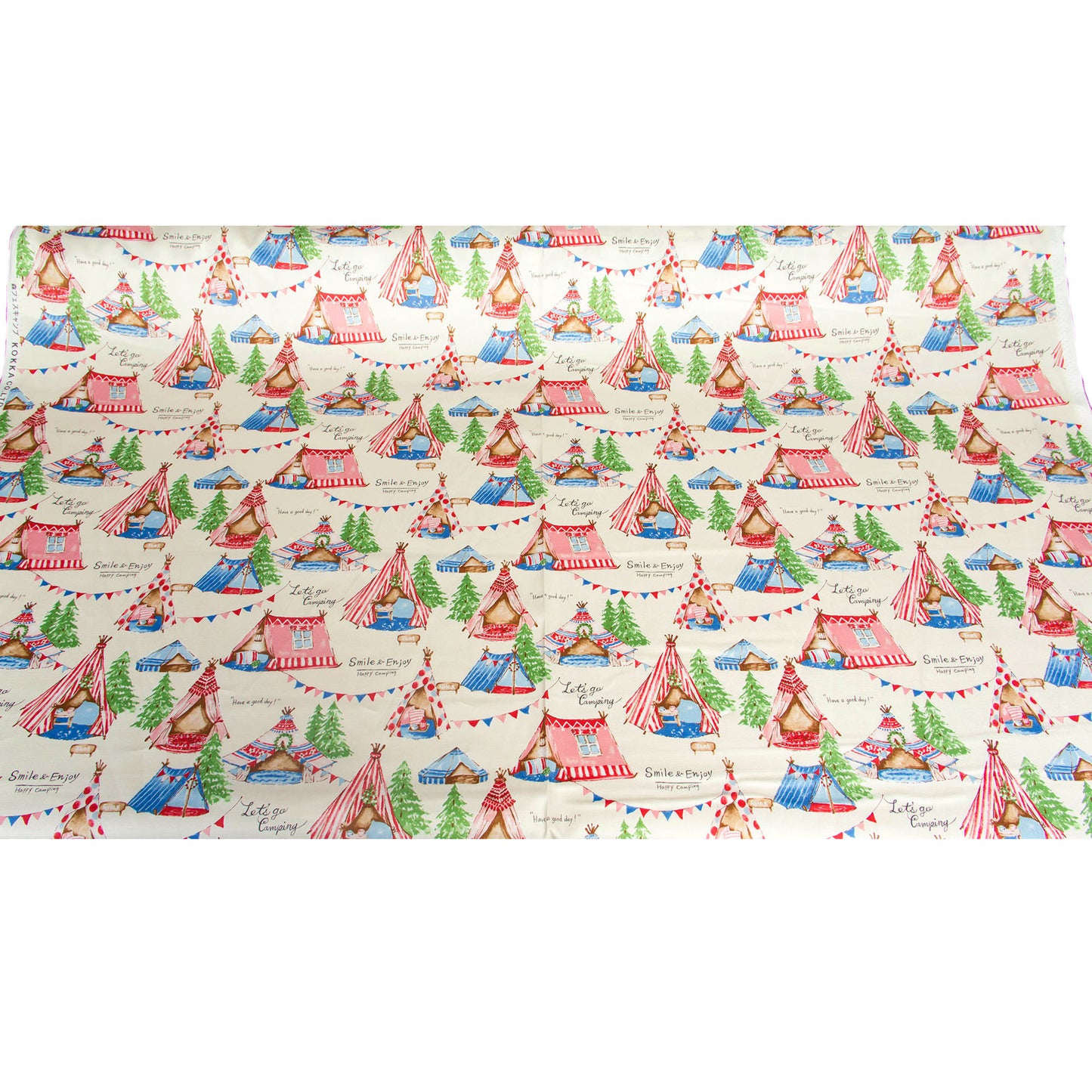 Oxford Cotton Fabric Cute Camping Tent Print Cream by the Yard