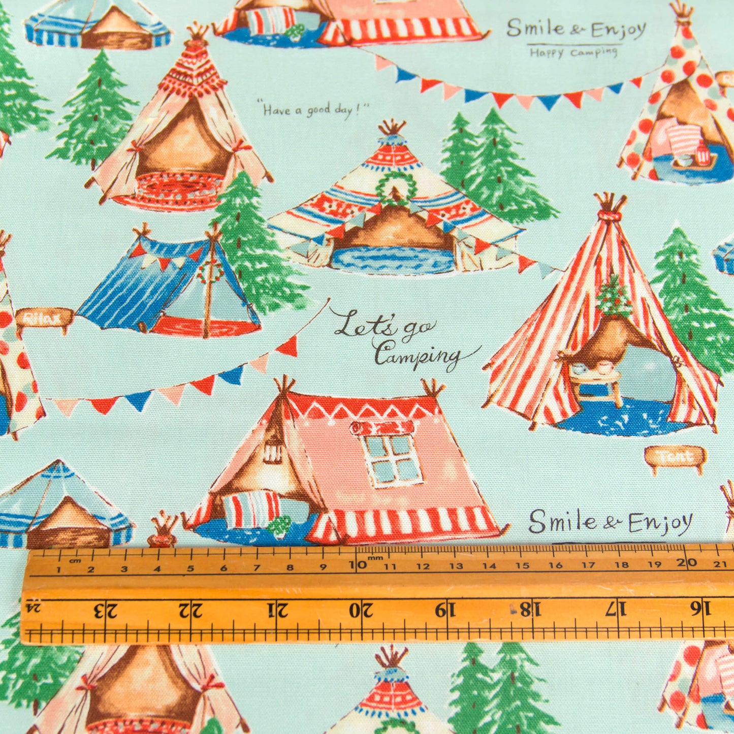 Oxford Cotton Fabric Cute Camping Tent Print Mint by the Yard
