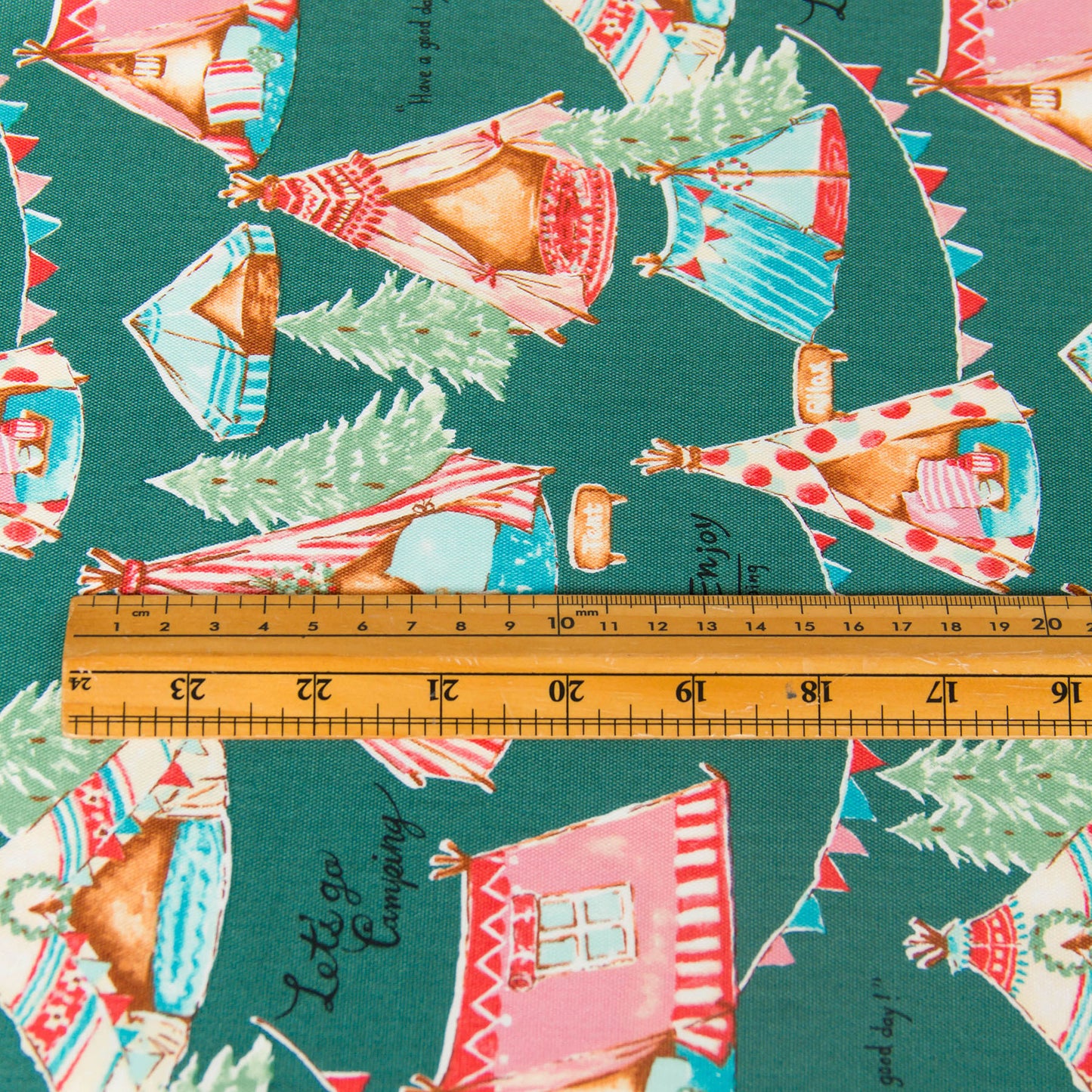 Oxford Cotton Fabric Cute Camping Tent Print Vintage Green by the Yard