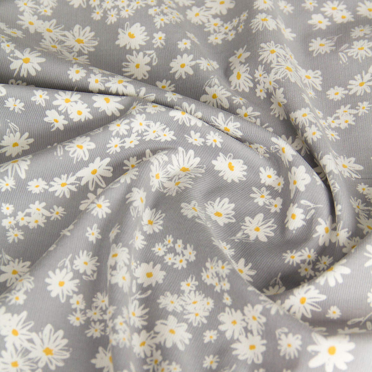 21 Wale Corduroy with White Daisy Print Grey by the Yard