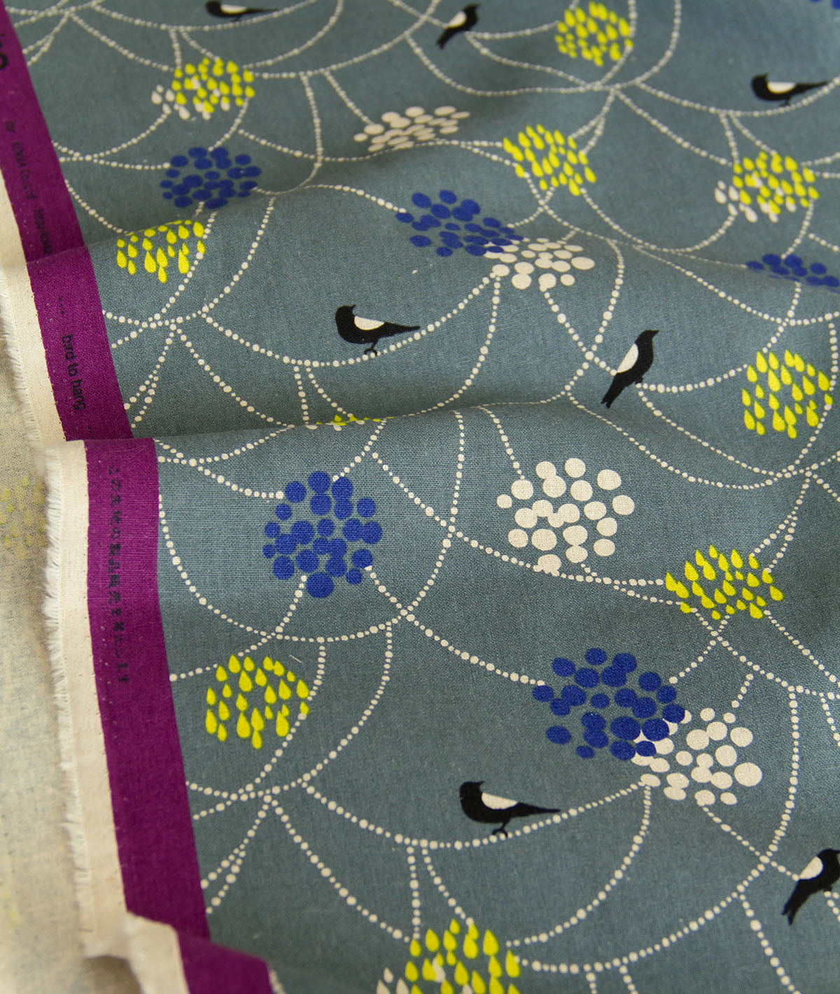 Cotton Linen Canvas Fabric Echino By Etsuko furuya Bird to hang Gray by the Yard
