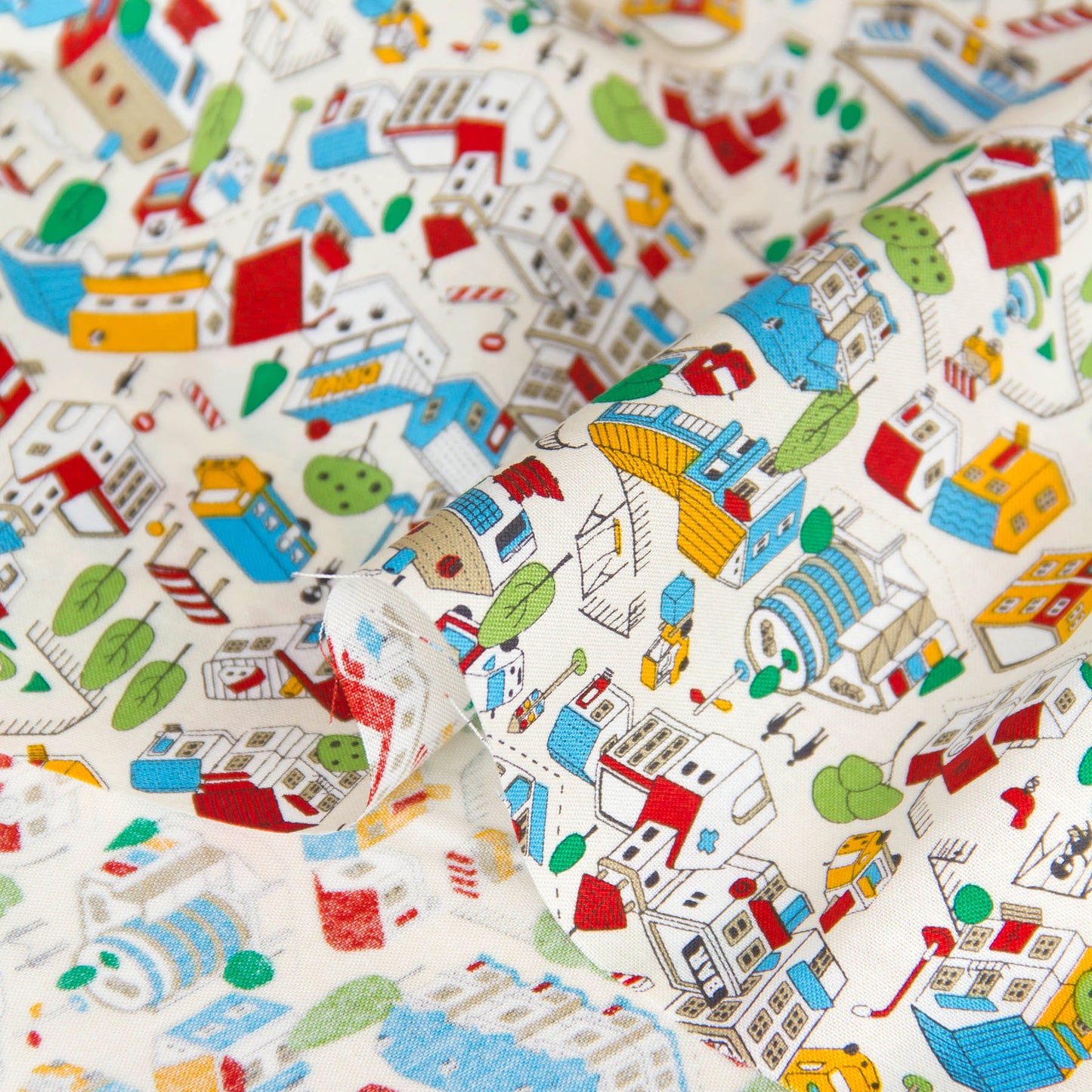 Whimsical Town & Village Print Cotton Fabric White by the Yard