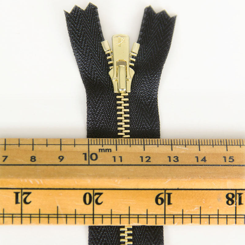 YKK Excella #3 Closed-End Metal Zippers with Gold Teeth Black