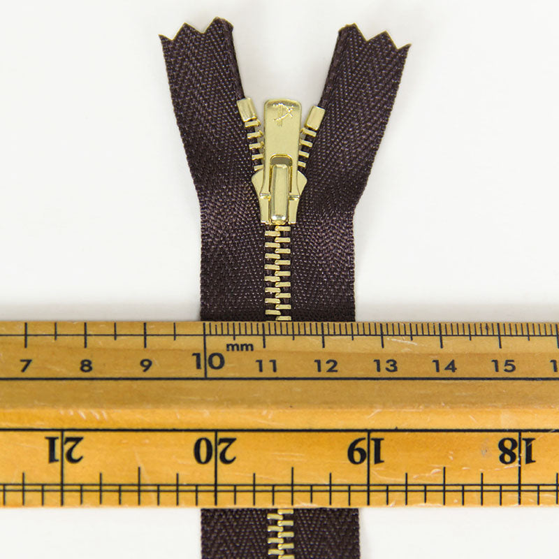 YKK Excella #3 Closed-End Metal Zippers with Gold Teeth Dark Brown