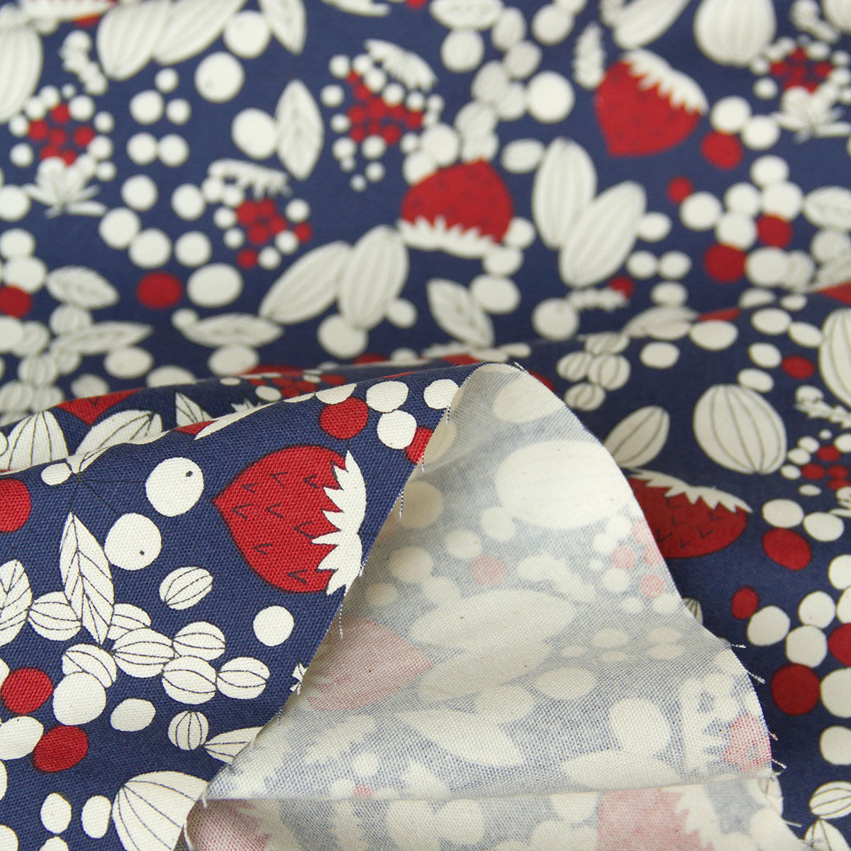 Oxford Cotton  Fabric Vintage Style Strawberry & Nut Navy by the Yard