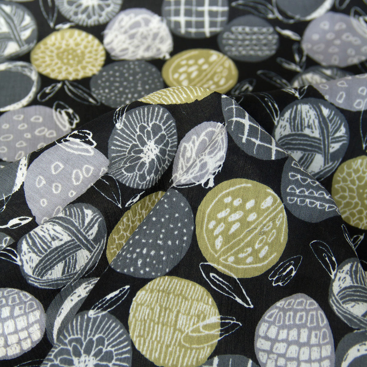 Lightweight Crinkled Gauze with Geometric Circle Pattern Black by the Yard