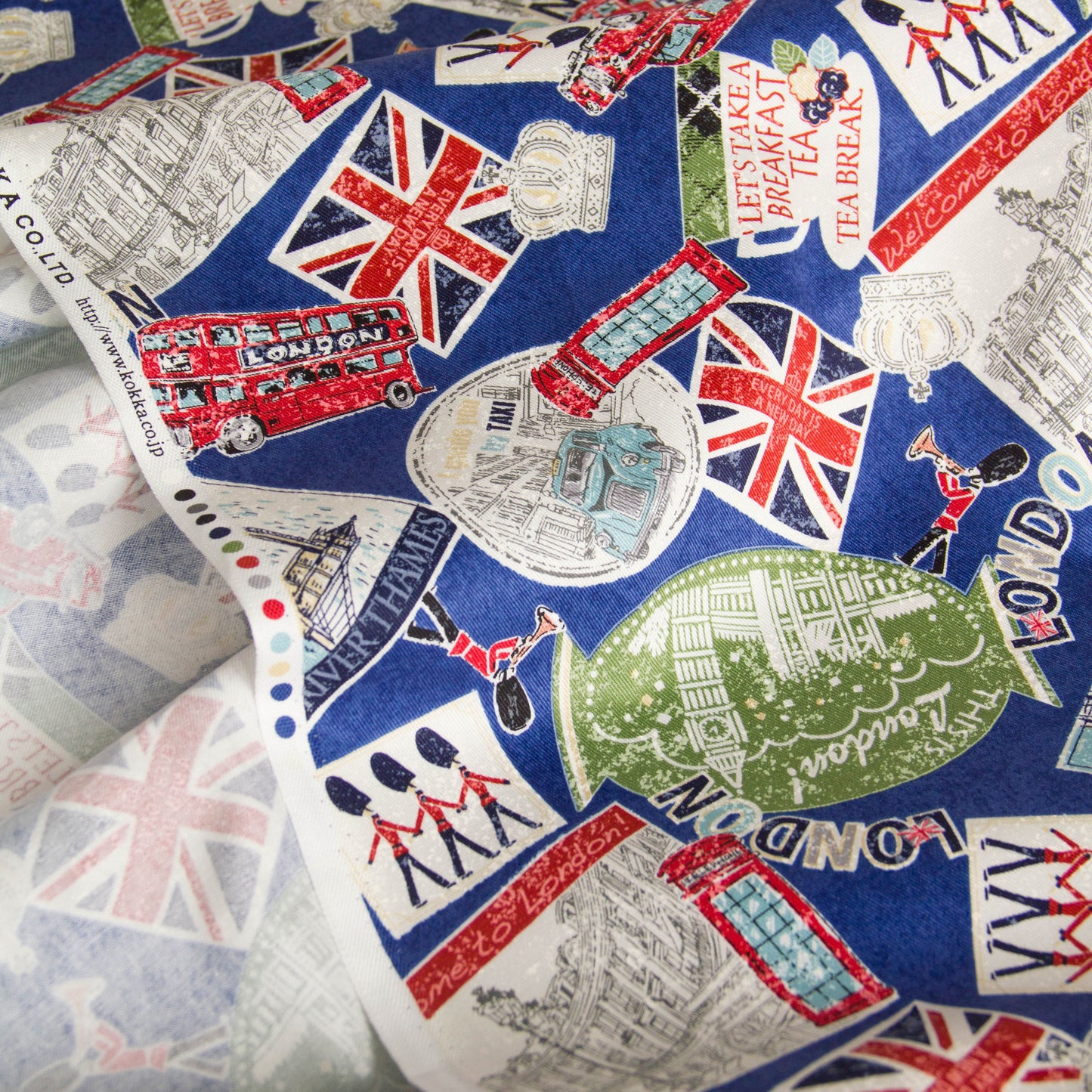 Vintage London Icon Print Oxford Cotton Fabric Blue by the Yard