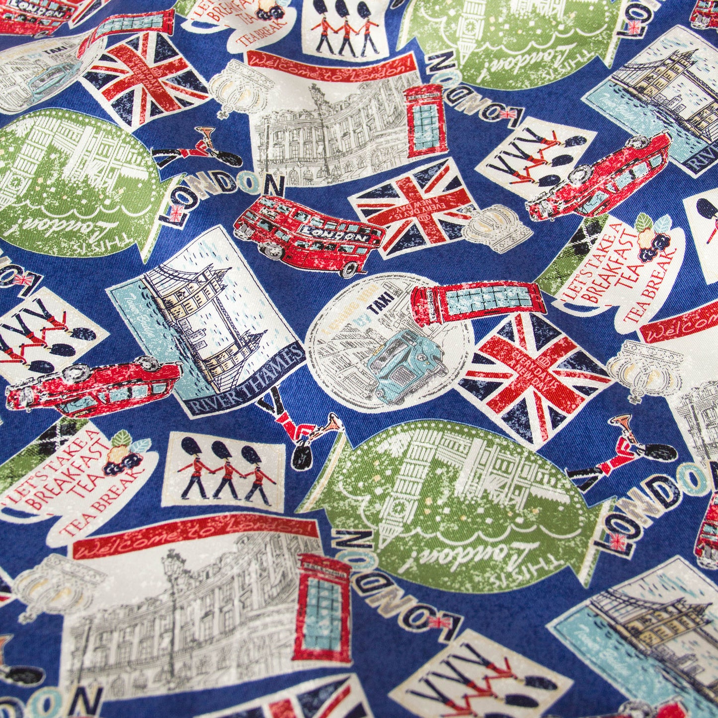 Vintage London Icon Print Oxford Cotton Fabric Blue by the Yard