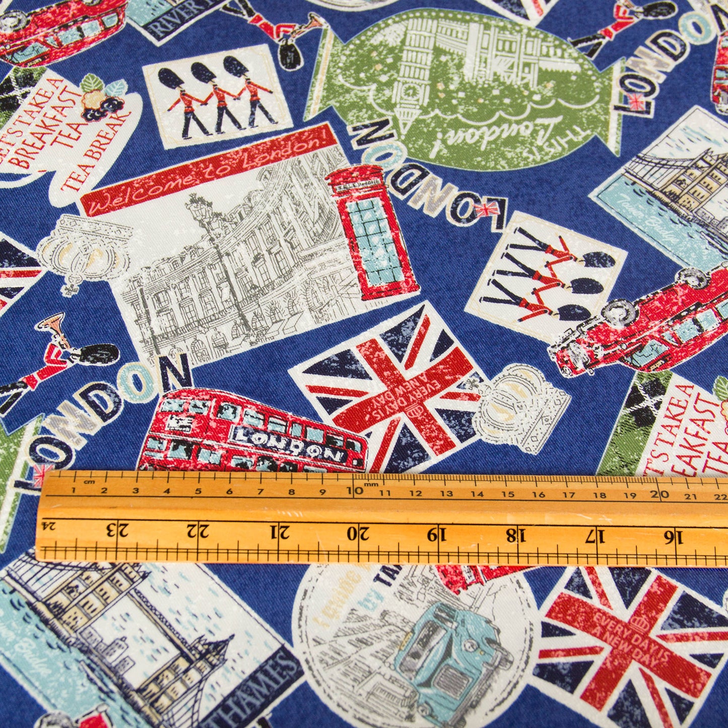 Vintage London Icon Print Oxford Cotton Fabric Blue by the Yard