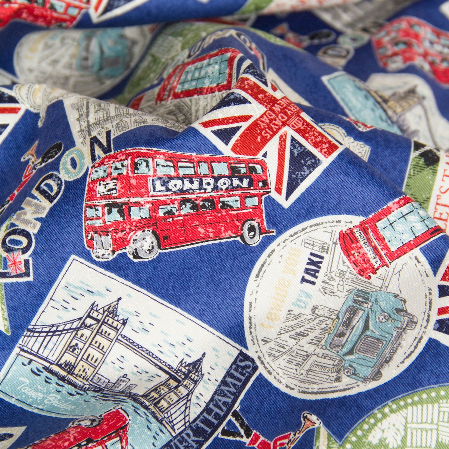 Vintage London Icon Print Oxford Cotton Fabric Blue by the Yard