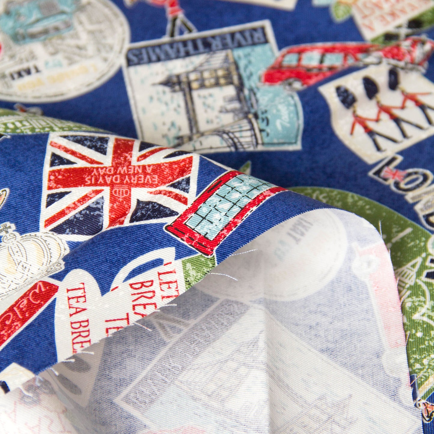 Vintage London Icon Print Oxford Cotton Fabric Blue by the Yard