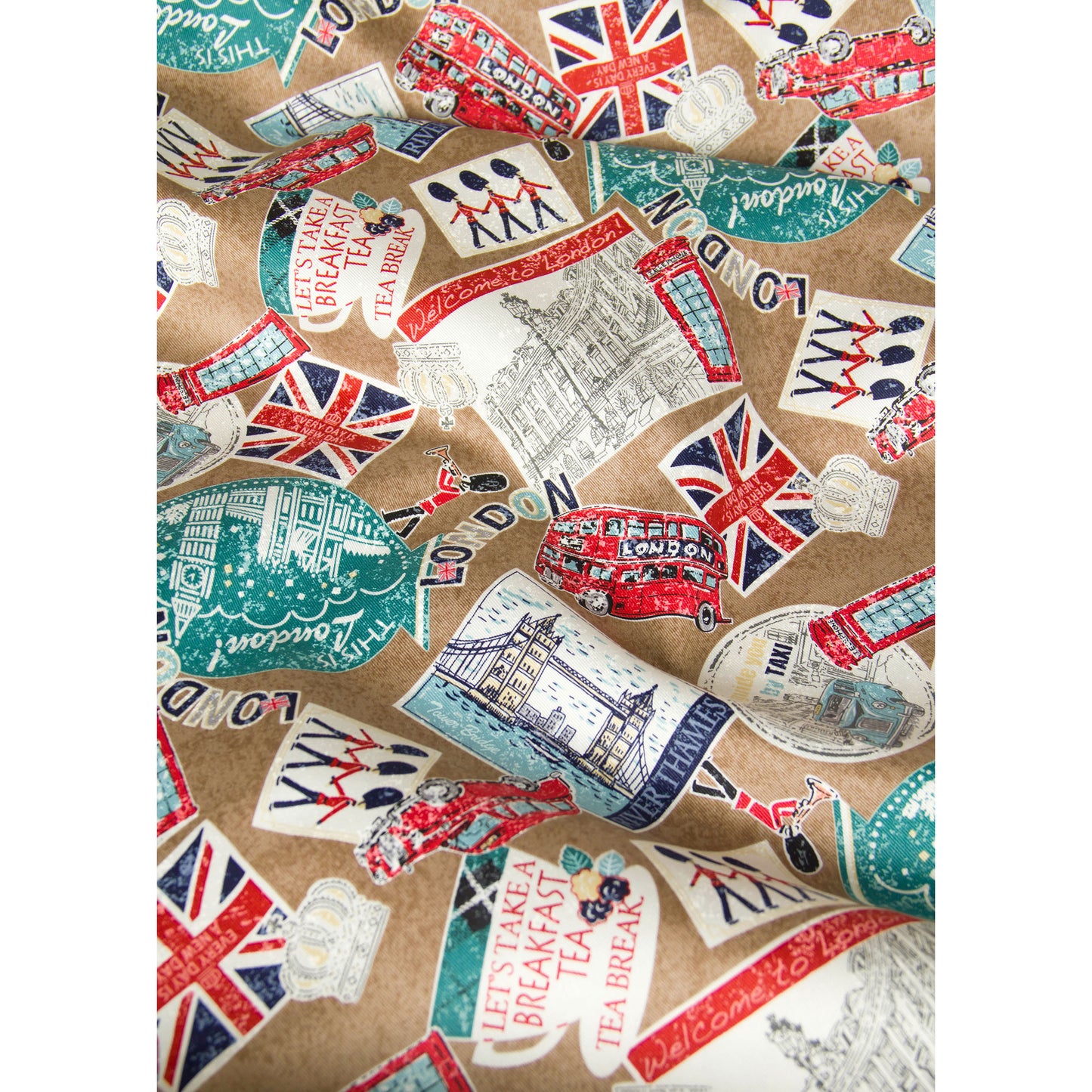 Vintage London Icon Print Oxford Cotton Fabric Brown by the Yard
