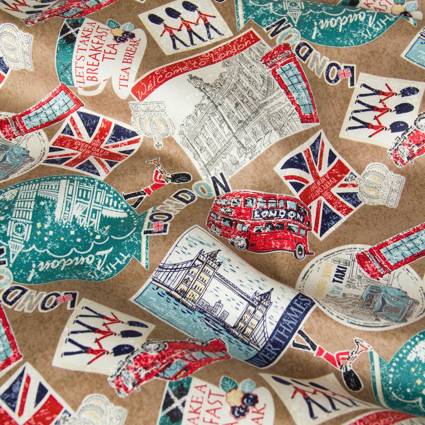 Vintage London Icon Print Oxford Cotton Fabric Brown by the Yard