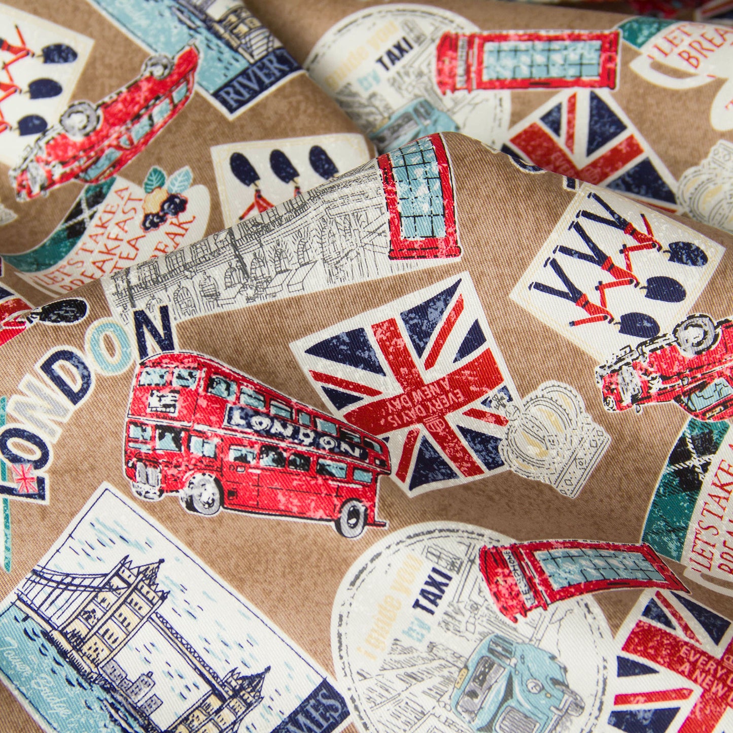 Vintage London Icon Print Oxford Cotton Fabric Brown by the Yard