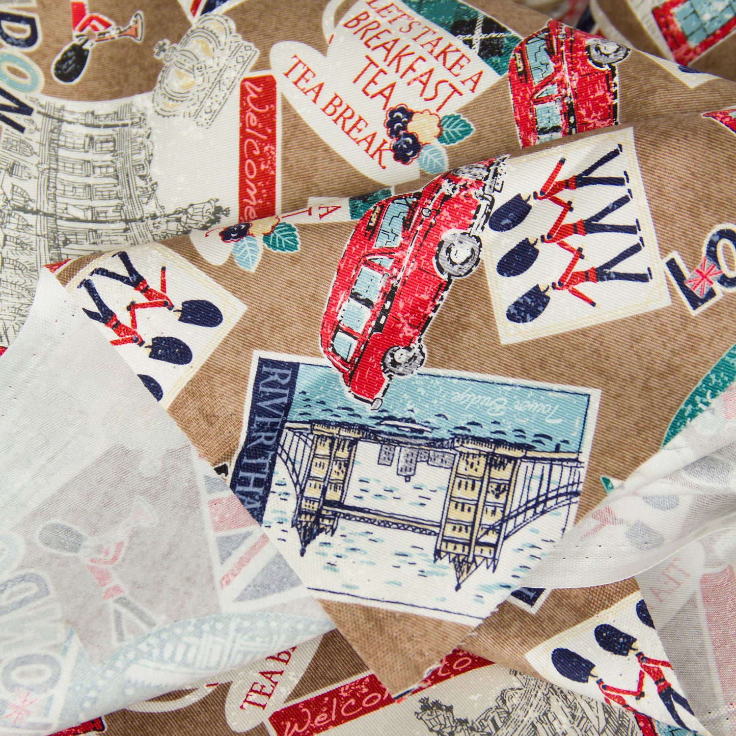 Vintage London Icon Print Oxford Cotton Fabric Brown by the Yard