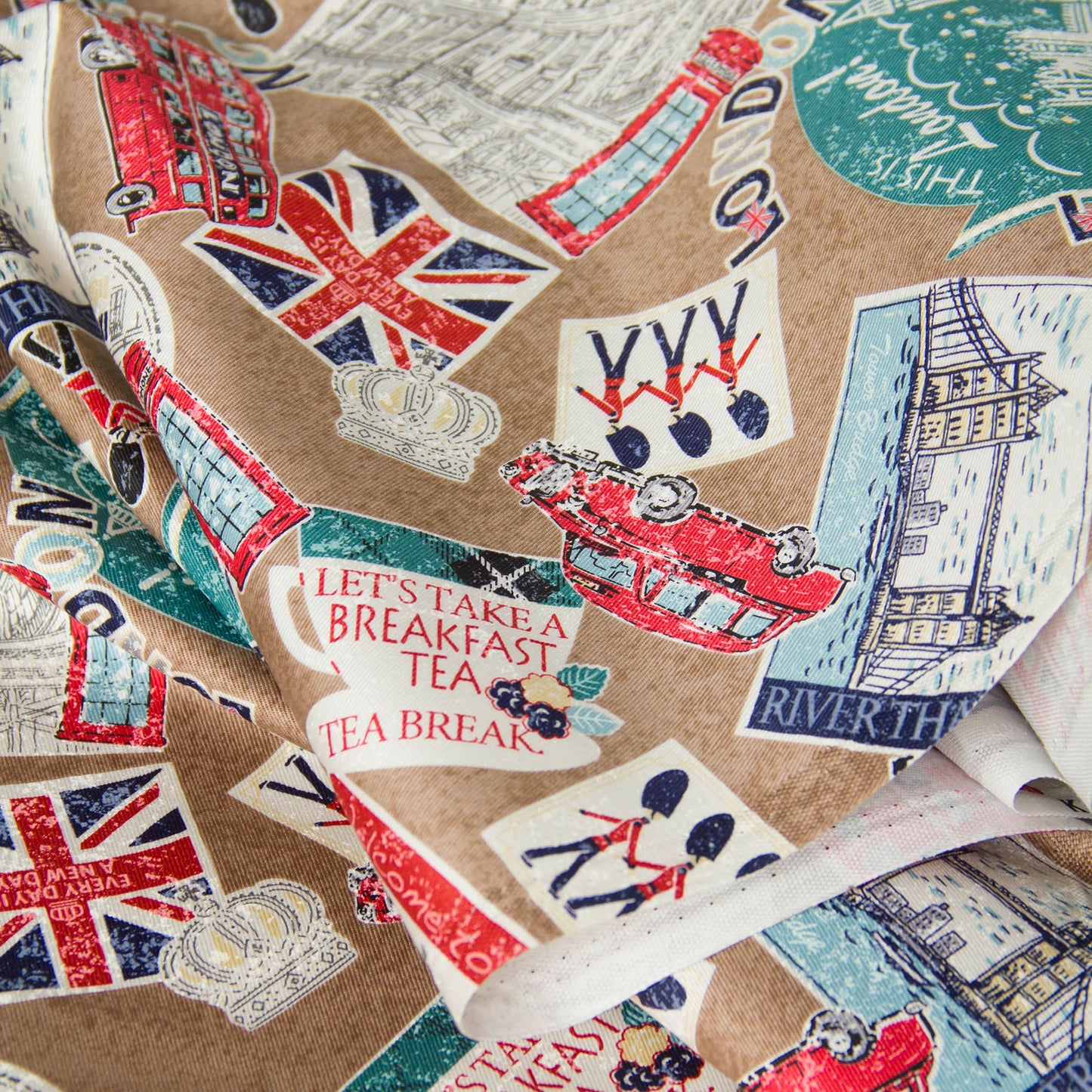 Vintage London Icon Print Oxford Cotton Fabric Brown by the Yard