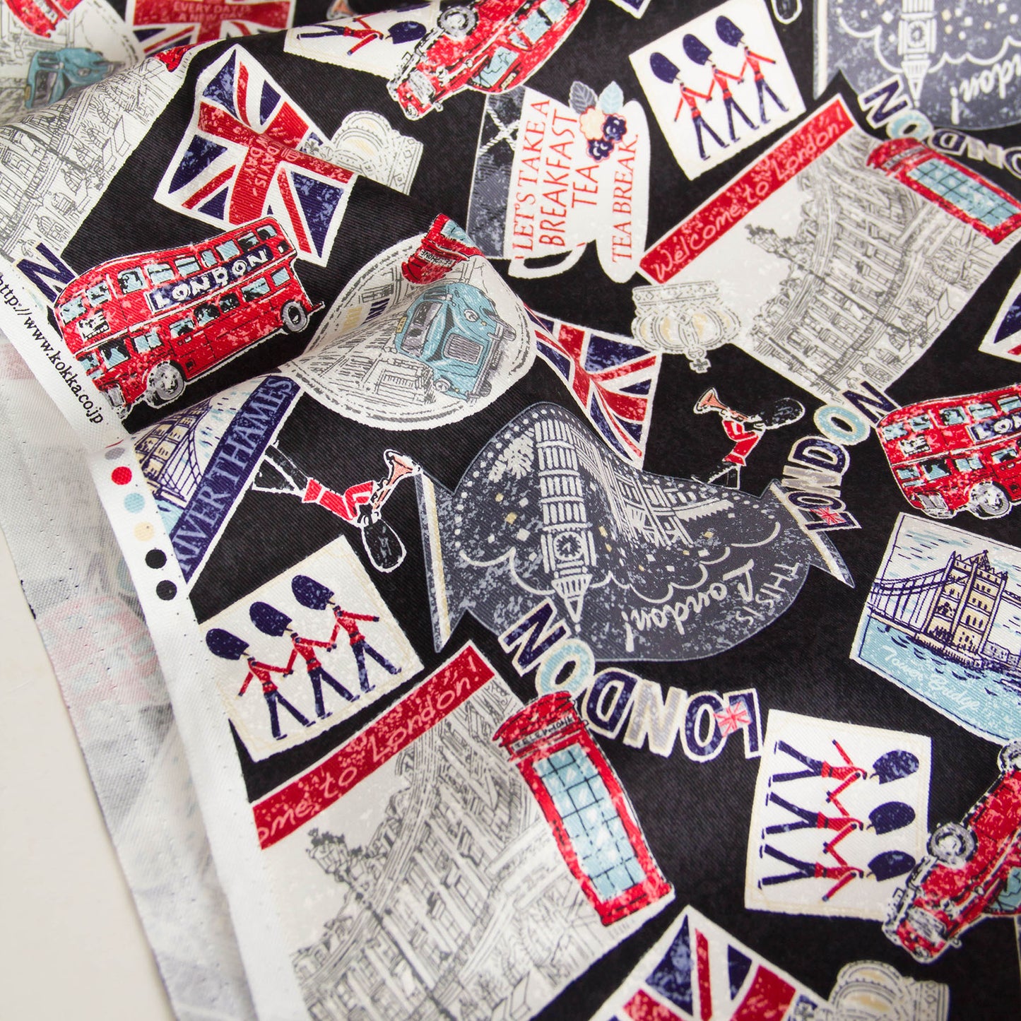 Vintage London Icon Print Oxford Cotton Fabric Black by the Yard