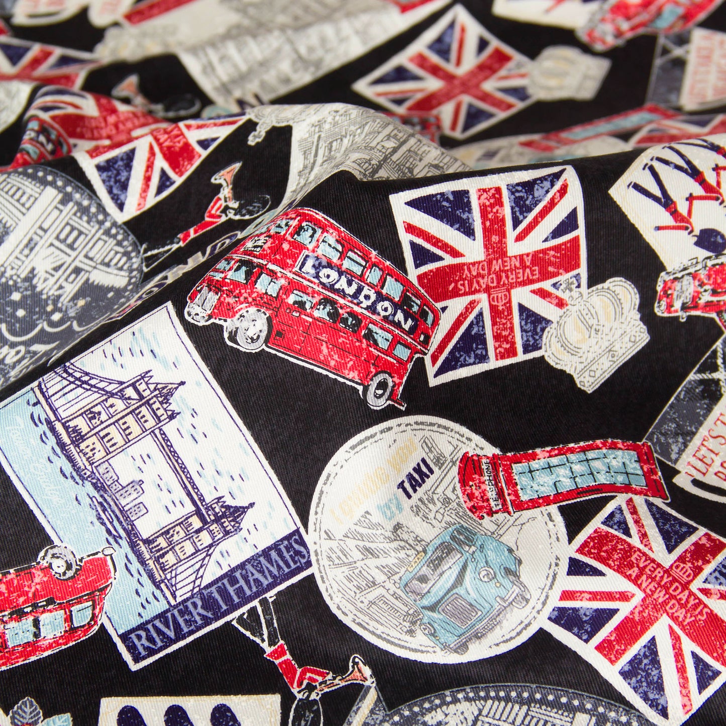 Vintage London Icon Print Oxford Cotton Fabric Black by the Yard