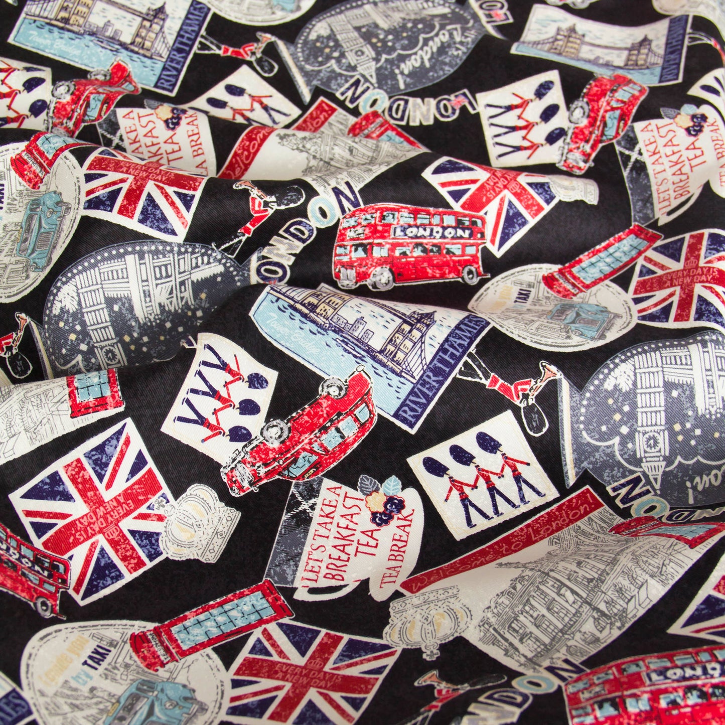 Vintage London Icon Print Oxford Cotton Fabric Black by the Yard