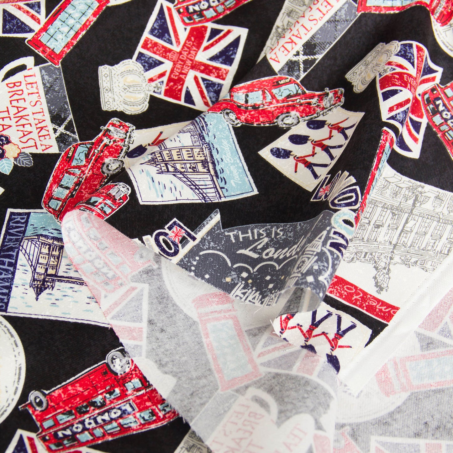 Vintage London Icon Print Oxford Cotton Fabric Black by the Yard