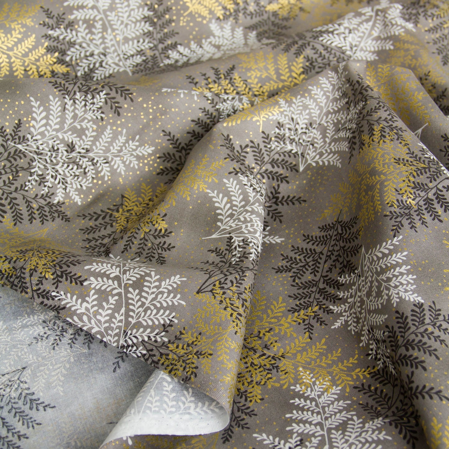 Cotton Fabric Metallic Gold Fern Leaf Print Taupe by the Yard