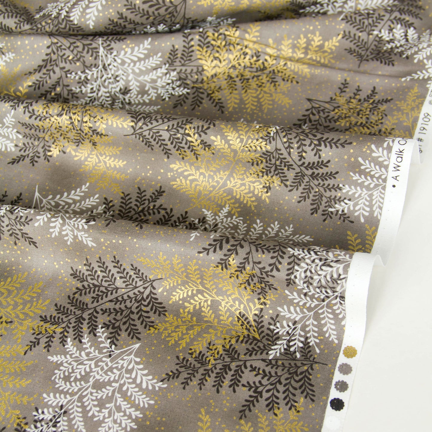 Cotton Fabric Metallic Gold Fern Leaf Print Taupe by the Yard
