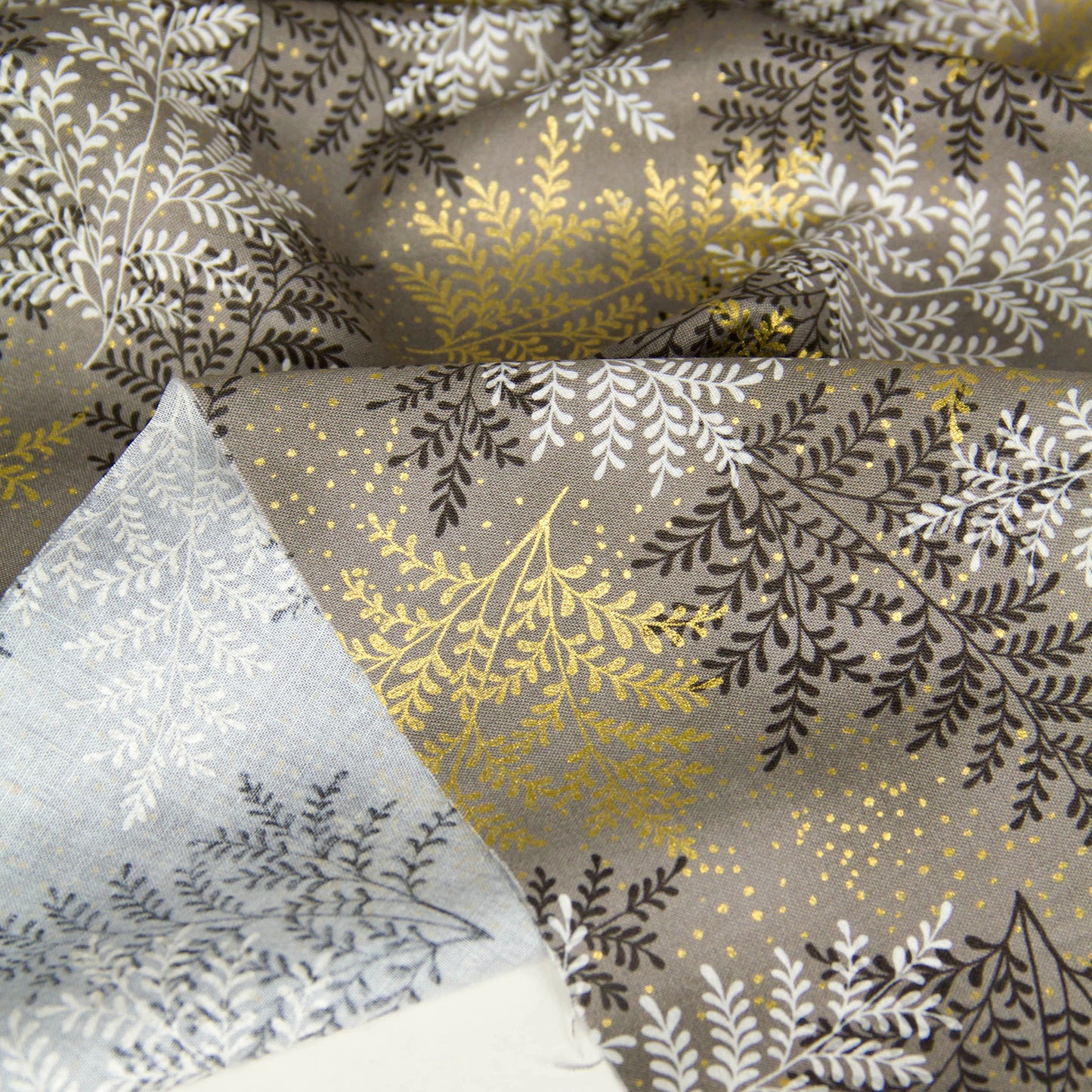 Cotton Fabric Metallic Gold Fern Leaf Print Taupe by the Yard