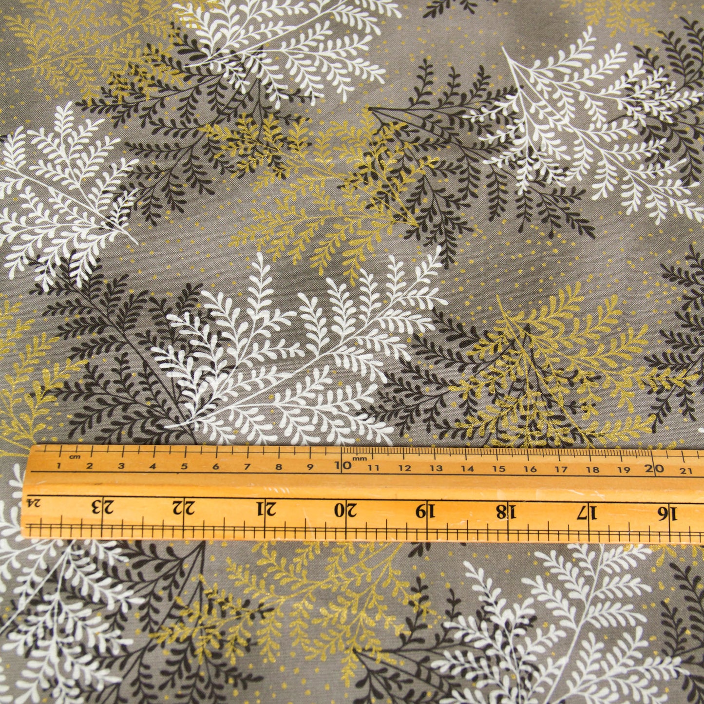 Cotton Fabric Metallic Gold Fern Leaf Print Taupe by the Yard