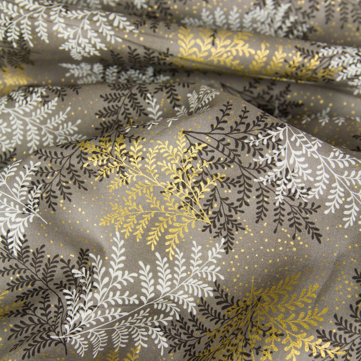Cotton Fabric Metallic Gold Fern Leaf Print Taupe by the Yard