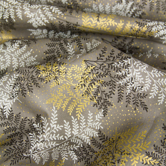 Cotton Fabric Metallic Gold Fern Leaf Print Taupe by the Yard