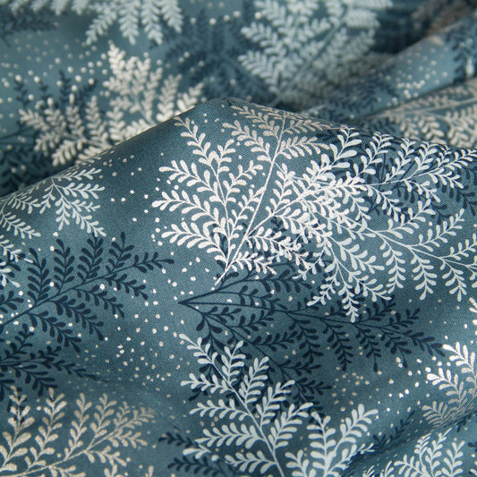 Cotton Fabric Metallic Silver Fern Leaf Print Dusty Teal by the Yard