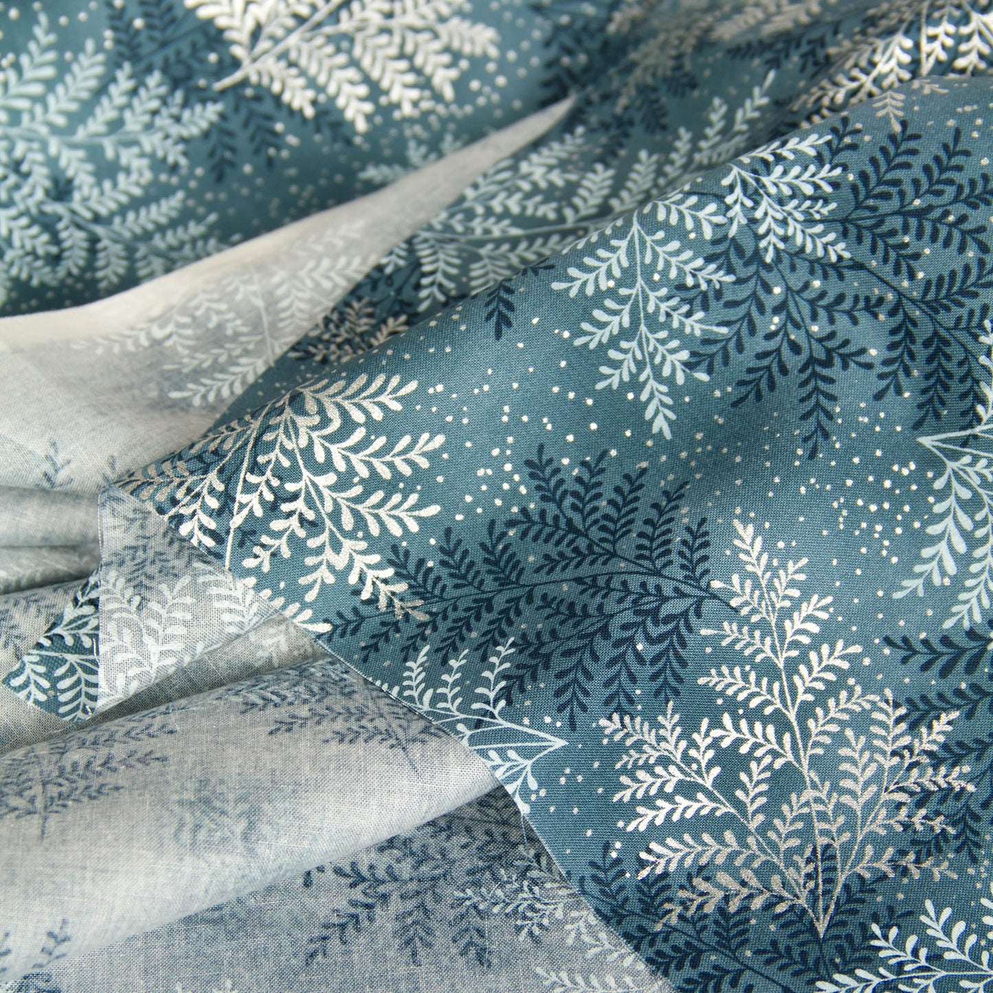 Cotton Fabric Metallic Silver Fern Leaf Print Dusty Teal by the Yard