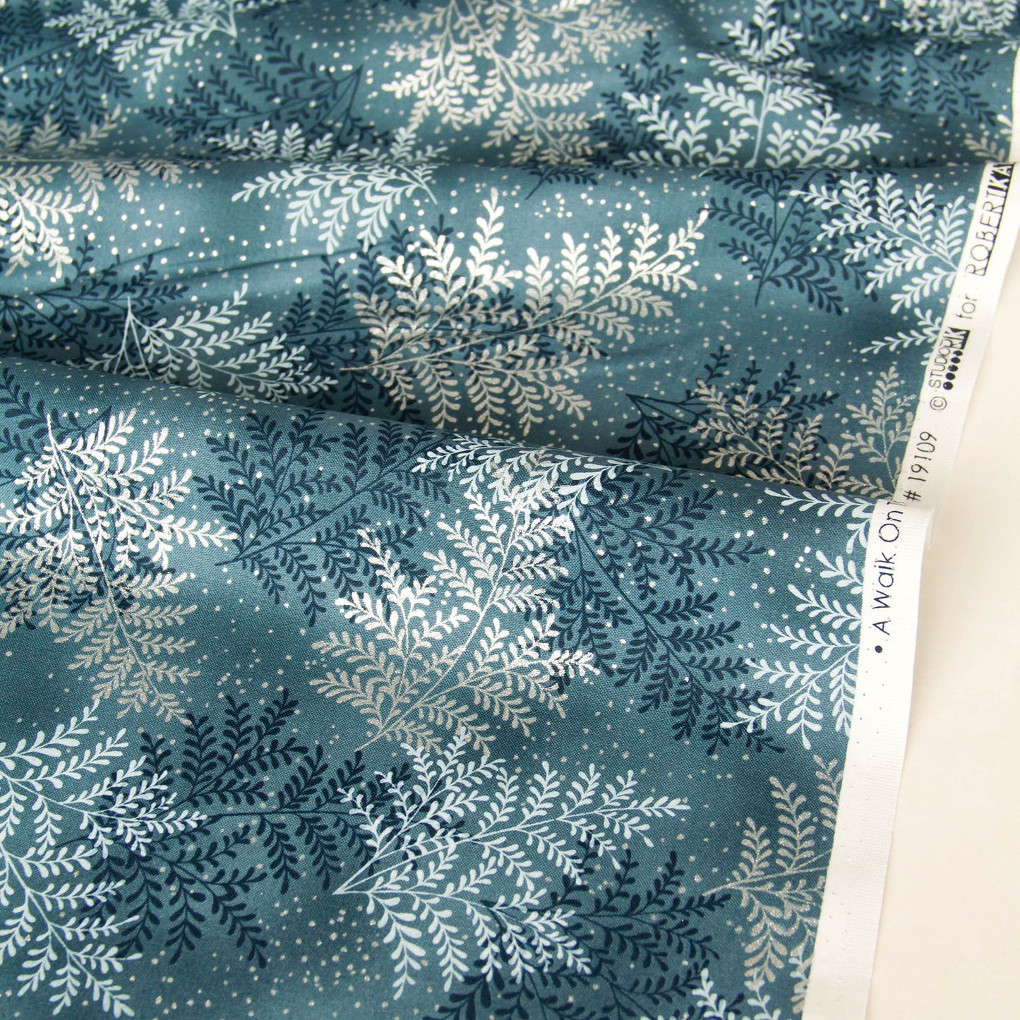 Cotton Fabric Metallic Silver Fern Leaf Print Dusty Teal by the Yard