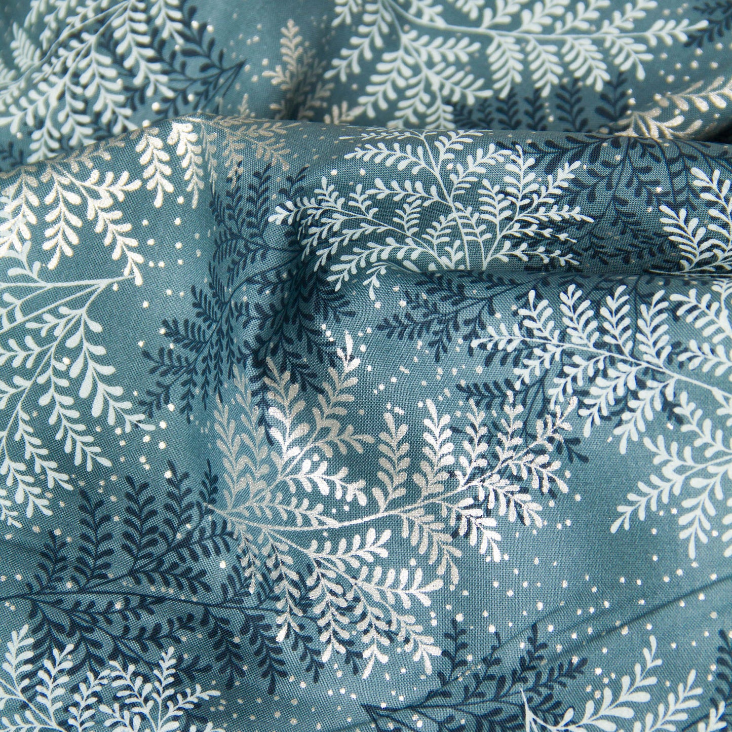 Cotton Fabric Metallic Silver Fern Leaf Print Dusty Teal by the Yard
