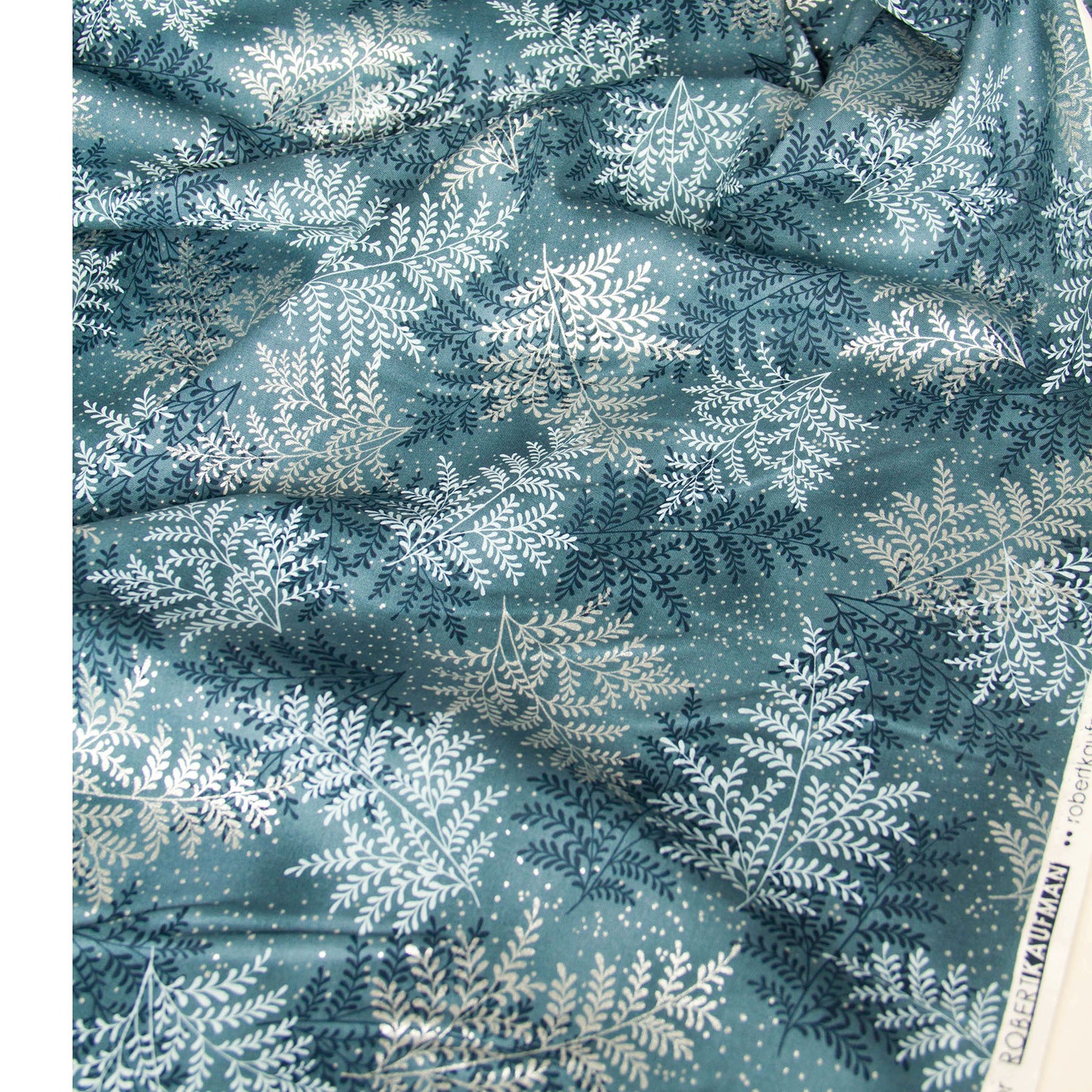 Cotton Fabric Metallic Silver Fern Leaf Print Dusty Teal by the Yard