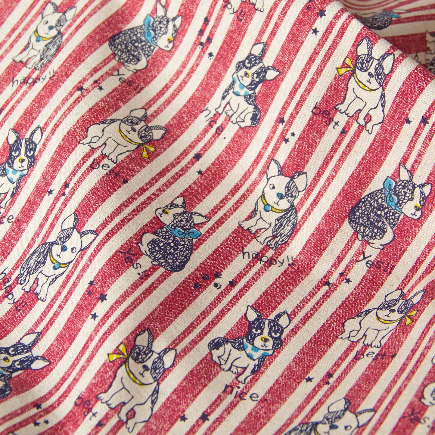 Cotton Linen Blend Canvas Fabric Stripe French Bulldog Red by the Yard