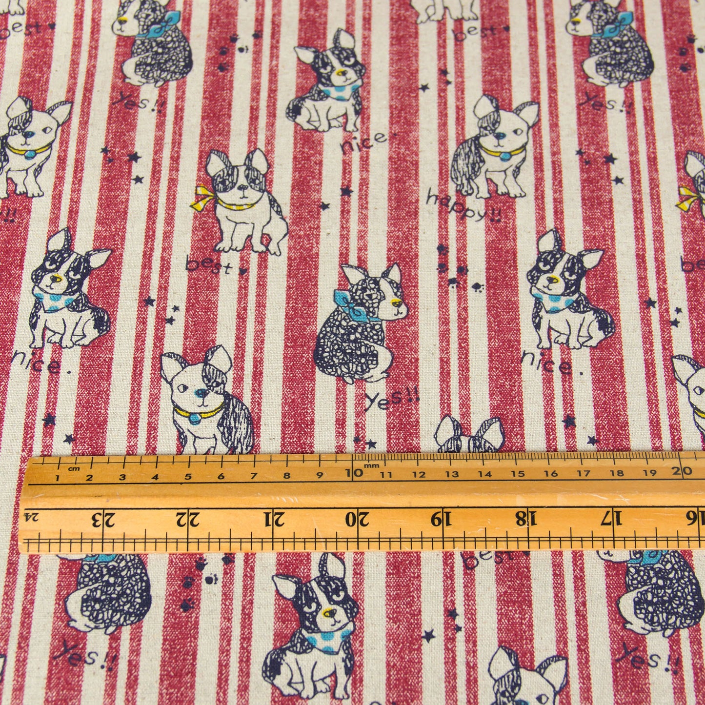 Cotton Linen Blend Canvas Fabric Stripe French Bulldog Red by the Yard