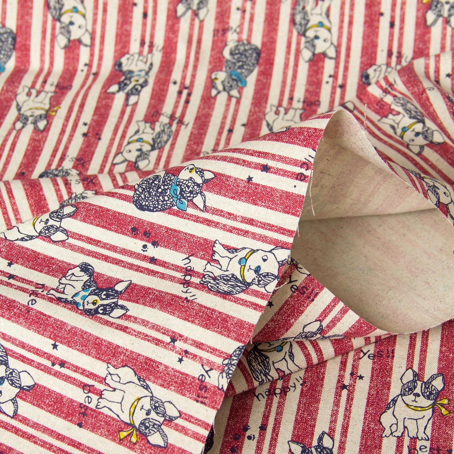 Cotton Linen Blend Canvas Fabric Stripe French Bulldog Red by the Yard